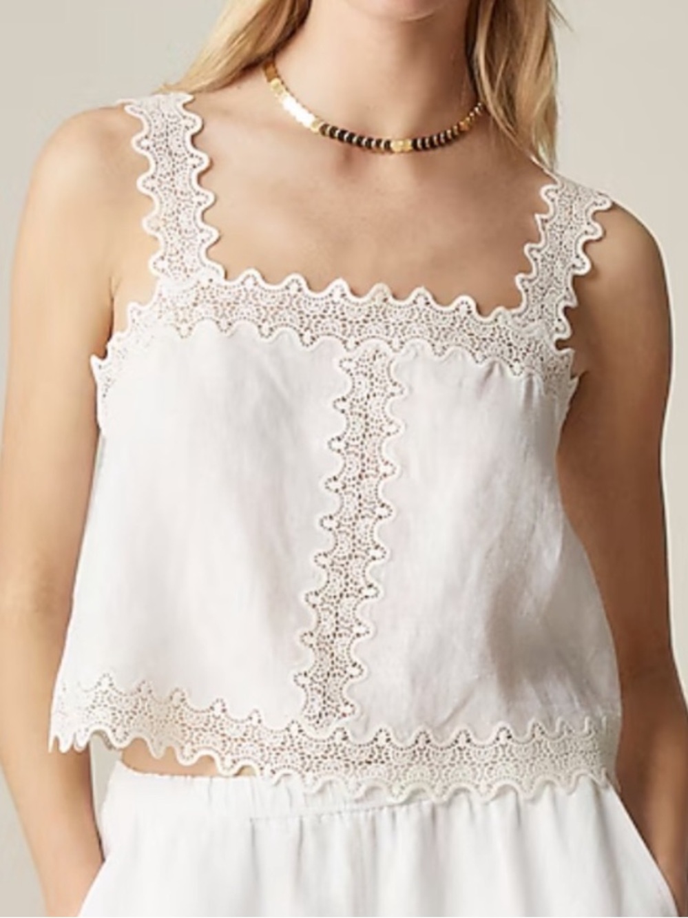 J.Crew Dainty White Top Lace Trim Linen Tank Size M